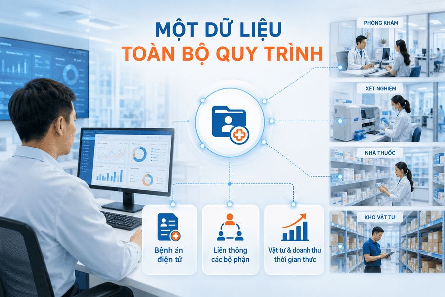 Phần mềm quản lý phòng khám giúp liên thông bệnh án, phòng khám, xét nghiệm, nhà thuốc và kho vật tư trên cùng một hệ thống dữ liệu. Quy trình vận hành phòng khám