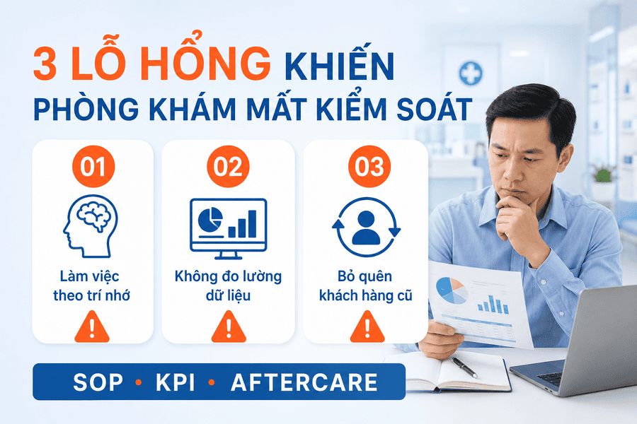 SOP phòng khám, KPI đo lường và quy trình chăm sóc sau khám là ba nền tảng giúp hạn chế tình trạng làm việc theo trí nhớ, thất thoát dữ liệu và bỏ quên khách hàng cũ. Quy trình vận hành phòng khám