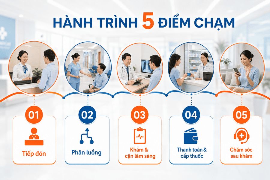 Quy trình khám chữa bệnh tại phòng khám cần kết nối liền mạch năm điểm chạm: tiếp đón, phân luồng, thăm khám, thanh toán và chăm sóc sau khám. Quy trình vận hành phòng khám